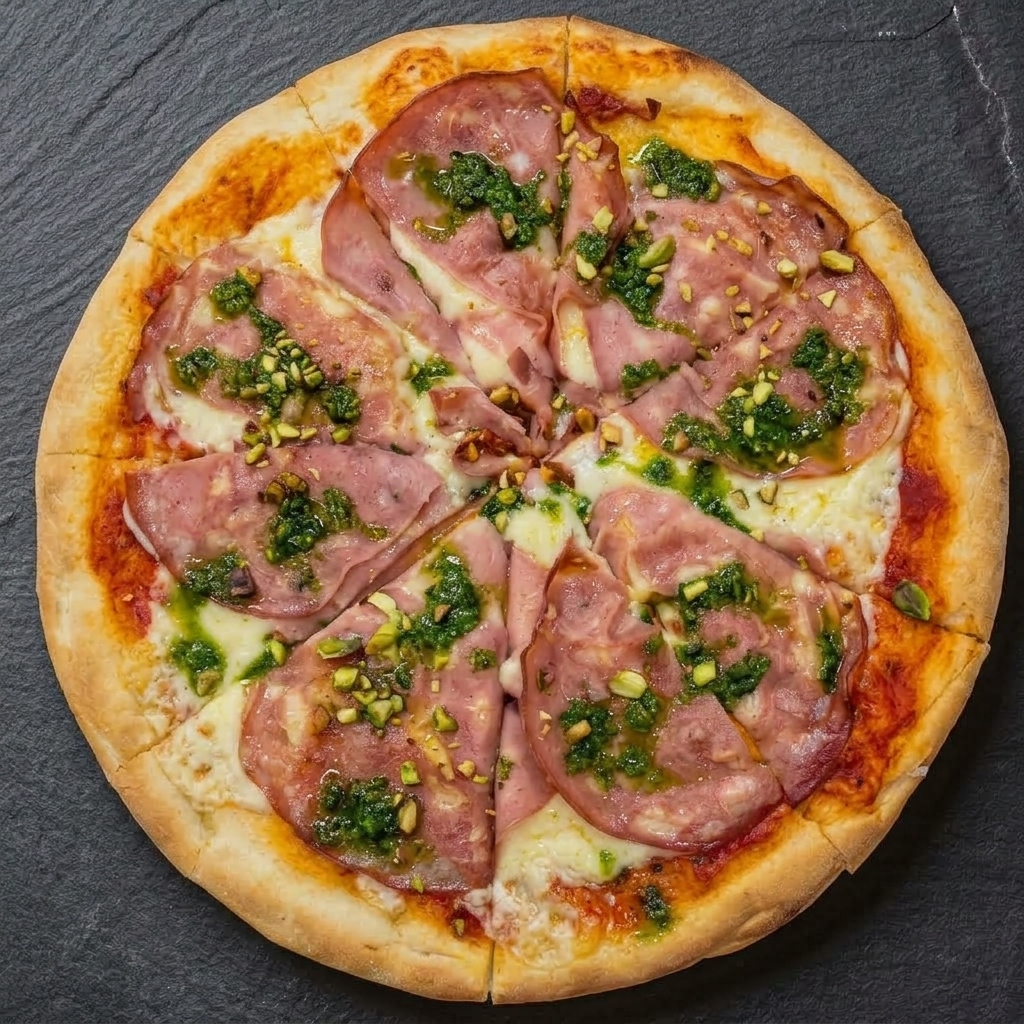Pizza Mortadela y Pesto de Pistacho